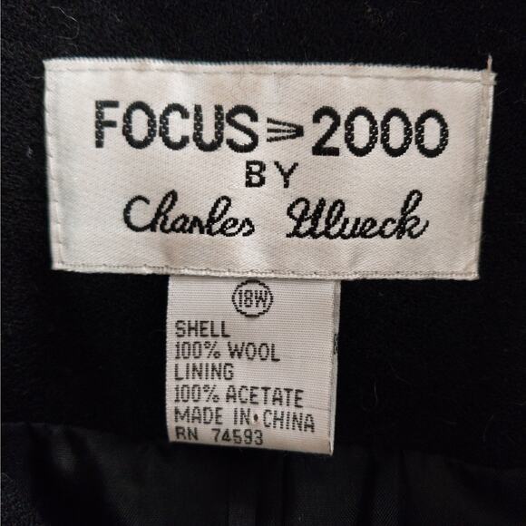 FOCUS 2000! STUNNING BLACK 100% WOOL, FAUX LEATHER INSETS/COLLAR JACKET! SZ 18W - Picture 8 of 10